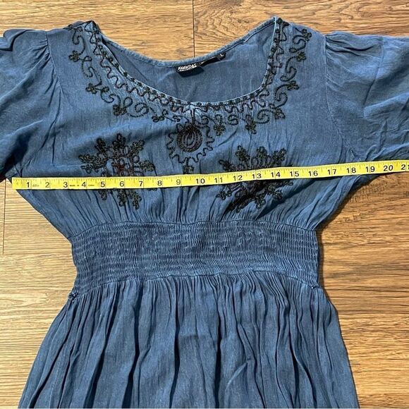Amanda’s Collection Maxi Short Sleeve Embroidered Peasant Dress Blue Black Large - Picture 9 of 11